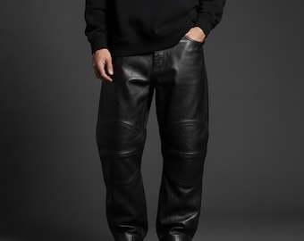 Handmade Men’s Black Leather Baggy Pants | custom size Streetwear Trousers