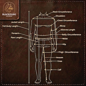 Puede incluir: Un fondo con textura de cuero marr&oacute;n oscuro que presenta un diagrama de l&iacute;neas blancas de una figura humana. El diagrama incluye etiquetas para medidas corporales como circunferencia del cuello, hombros, pecho, b&iacute;ceps, manga, cintura y cadera.