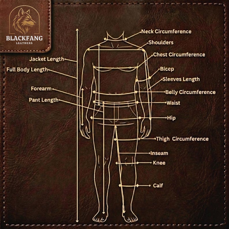 Puede incluir: Un fondo con textura de cuero marr&oacute;n oscuro que presenta un diagrama de l&iacute;neas blancas de una figura humana. El diagrama incluye etiquetas para medidas corporales como circunferencia del cuello, hombros, pecho, b&iacute;ceps, manga, cintura y cadera.