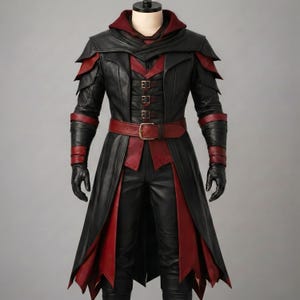 Front view of a black and red genuine leather hooded coat with layered shoulders and adjustable metal buckles, designed for medieval LARP and dark fantasy cosplay.