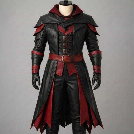 Gothic Leather Costume Set | Black Red Medieval Hooded Coat, Vest & pants | Halloween Cosplay