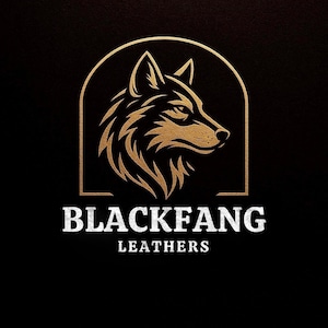 May include: A gold and black logo featuring a wolf's head in profile, set within a rectangular arch. The text "BLACKFANG" is above "LEATHERS" in a serif font, all in white. The background is solid black.