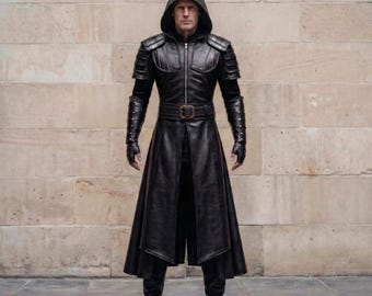Disfraz de cuero auténtico para hombre: armadura de guerrero negra, chaqueta, pantalones y guantes – Cosplay, LARP y fantasía.