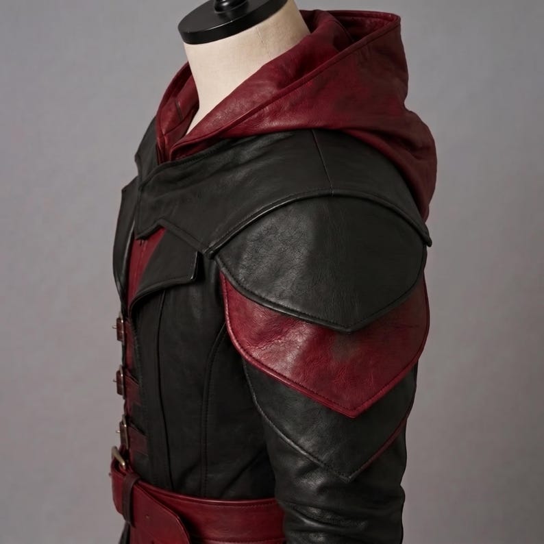 Shoulder view of a black and red genuine leather hooded coat with layered shoulders and adjustable metal buckles, designed for medieval Halloween LARP and dark fantasy cosplay.
