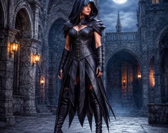 Disfraz de guerrera con capucha de cuero negro para mujer / Traje de armadura medieval de fantasía / Vestido corsé gótico / Disfraz de Halloween para mujer