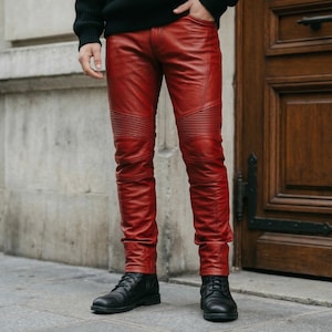 Handmade Men's Red Leather Pants | Quilted Knee Motorcycle Trousers | Biker Style pants
