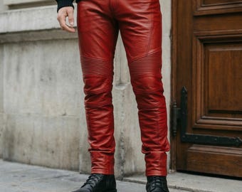 Handmade Men's Red Leather Pants | Quilted Knee Motorcycle Trousers | Biker Style pants