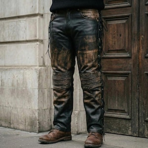 Men's Handmade Black Distressed Leather Biker Pants | Genuine Side Lace Trousers