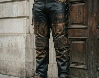 Men's Handmade Black Distressed Leather Biker Pants | Genuine Side Lace Trousers
