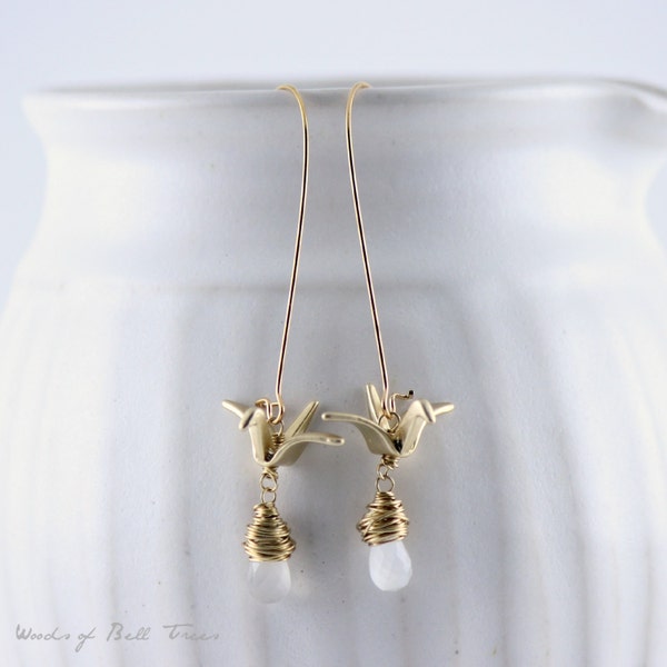 Moonstone Faceted Pear Briolette Matte Gold Origami Crane Kidney Earrings Wire Wrapped Stones