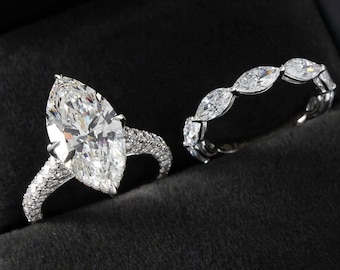 Anillo de compromiso de 3 quilates con diamantes cultivados en laboratorio de talla marquesa, anillo de bodas con halo oculto de moissanita, conjunto nupcial pavé de oro de 14 quilates, alianza de eternidad