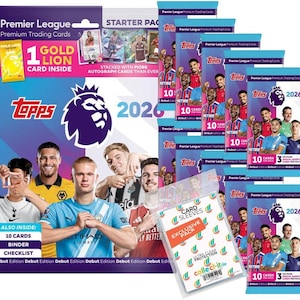 May include: A collection of Premier League Premium Trading Cards from Topps, including a starter pack and multiple packs of cards. The packaging features images of soccer players and the Premier League logo. Also included are card sleeves for extra protection.