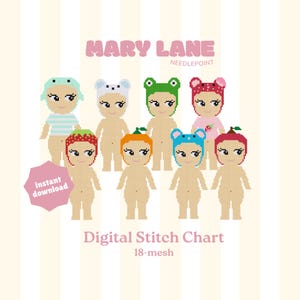 May include: A digital needlepoint stitch chart by Mary Lane featuring eight pixelated figures wearing various colorful animal and fruit-themed hats. The design includes a pink instant download badge and the text Digital Stitch Chart 18-mesh.