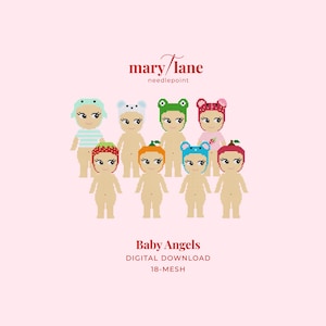 May include: A needlepoint pattern titled Baby Angels by mary lane needlepoint featuring eight pixelated figures wearing various colorful animal and fruit-themed hats. The digital download design includes characters with distinct headwear on a light pink background.