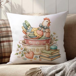 Pollo Cottagecore PNG, design retrò in stile fattoria con gallina patchwork