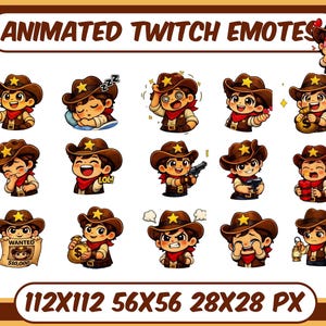 May include: A collection of animated Twitch emotes featuring a cartoon cowboy with a brown hat and red bandana. The emotes display various expressions and actions, including thumbs up, sleeping, crying, and holding a gun. The image also includes the text "ANIMATED TWITCH EMOTES" and size dimensions.