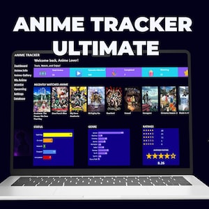 May include: A laptop screen displays an "ANIME TRACKER ULTIMATE" interface with anime information, ratings, and genre details. A Google Sheets icon and a download icon with the text "INSTANT ACCESS" are also visible. The background is dark blue.