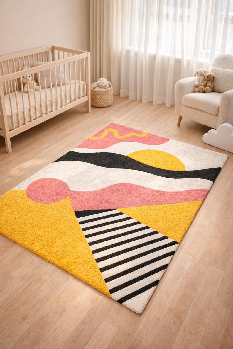 Retro 1970s Memphis Style Rug 8x10, Abstract Art Handtufted Wool Rug ...