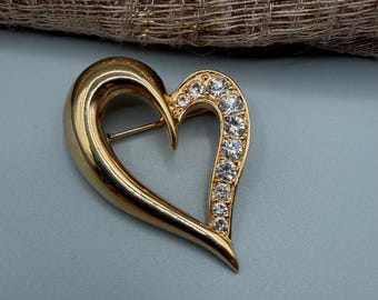 Vintage Gold Tone Heart Brooch with Rhinestones, Romantic Open Heart Pin