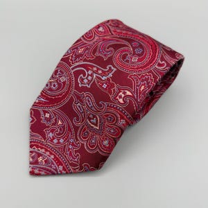 May include: A necktie in a deep burgundy red color featuring an intricate paisley pattern. The design includes swirling motifs in shades of light blue, cream, and darker red, creating a dense, repeating decorative texture across the fabric surface.