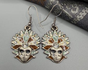Vintage Gothic Mask Dangle Earrings | Rhinestone Enamel Statement Jewelry