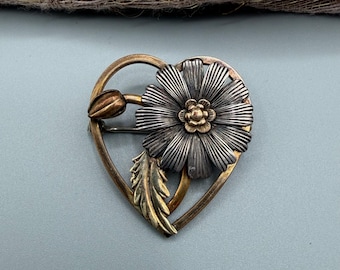 Vintage Mixed Metal Heart Daisy Flower Brooch, Mid-Century Floral Pin, Antiqued Gold Silver Tone