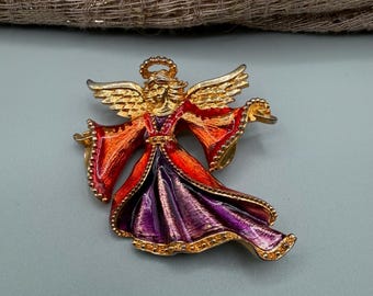 Vintage Christopher Radko Christmas Angel Brooch – Gold Tone Red Purple Enamel Holiday Pin