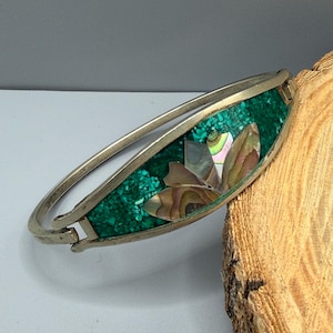 Vintage Mexican Alpaca Silver Clamper Bracelet with Malachite Inlay and Abalone Shell