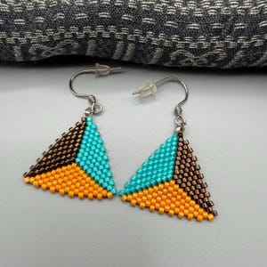 Handwoven Miyuki Delica Seed Bead Triangle Earrings, Boho Color Block Dangle Jewelry