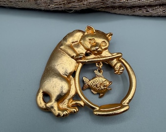 Vintage JJ Jonette Gold Tone Cat Fishbowl Brooch, Dangling Fish Pin
