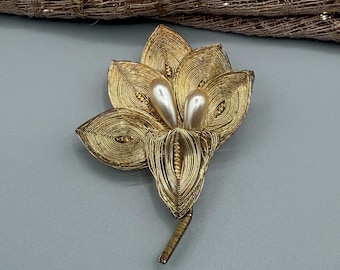 Vintage 1960s Gold Spun Wire Orchid Brooch with Faux Pearls, Mid-Century Floral Pin