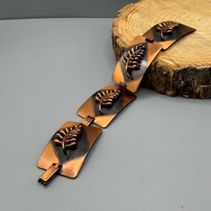 Vintage Copper Leaf Link Bracelet, Mid Century Botanical Panel Jewelry