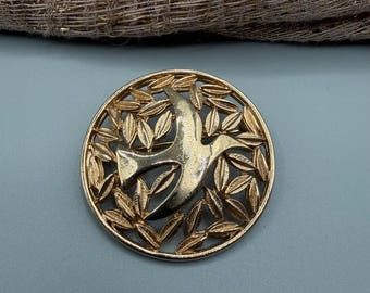 Michele Lynn Gold Tone Dove Brooch, Flying Bird Leaves Circle Jewelry
