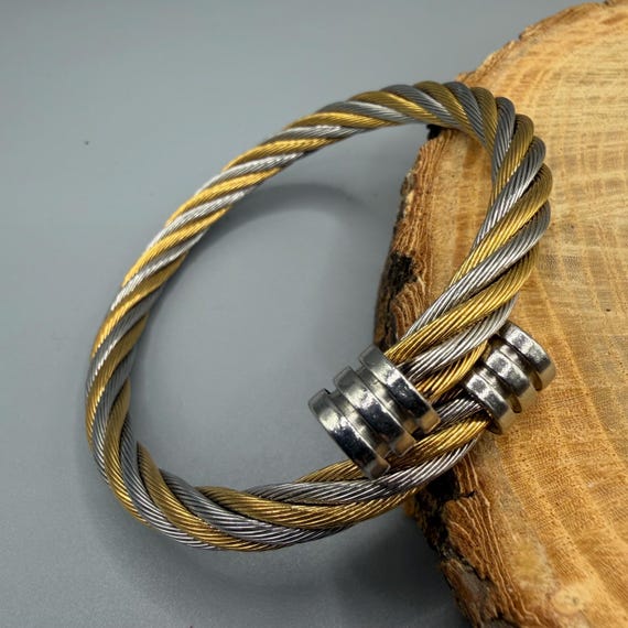 Two-Tone Twisted Cable Bangle, Adjustable Stainle… - image 3