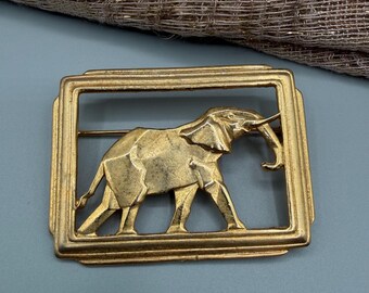 Vintage Gold Tone Elephant Brooch Pin, Signed Estate Animal Jewelry