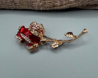 Red Rose Enamel Crystal Brooch, Gold Tone Floral Lapel Pin, Vintage Style Jewelry