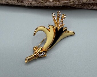 Vintage Gold Tone Calla Lily Brooch, Black Enamel Rhinestone Floral Statement Pin