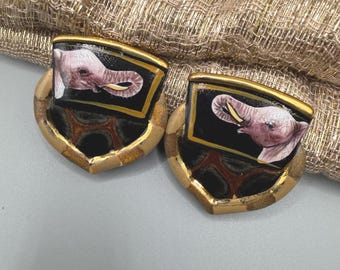 Vintage Elephant Clip On Earrings | Hand Painted Statement Jewelry  | Artist Signed