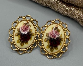 Vintage Rose Cameo Stud Earrings | Gold Tone Floral Oval