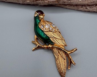 Vintage Avon Parrot Brooch, Gold Tone Enamel Rhinestone Bird Pin, Retro Tropical Jewelry