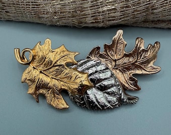 Vintage Avon Tri-Color Leaf Brooch, Mixed Metal Botanical Pin, 1990s Fall Jewelry