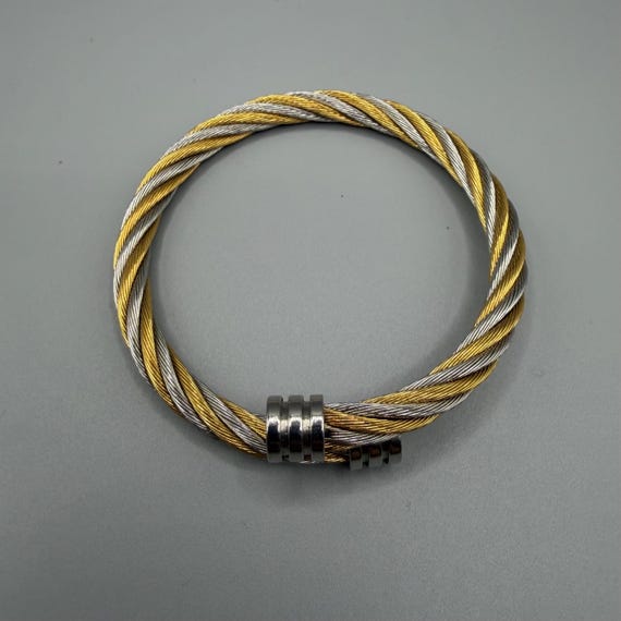 Two-Tone Twisted Cable Bangle, Adjustable Stainle… - image 4