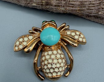 Vintage Enameled Bee Brooch, Gold Tone Insect Pin, Turquoise Cabochon, Crystal Eyes