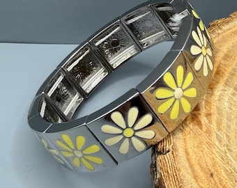 Vintage Lia Sophia Sunkissed Daisy Stretch Bracelet, Silver Tone Enamel Flower Bangle