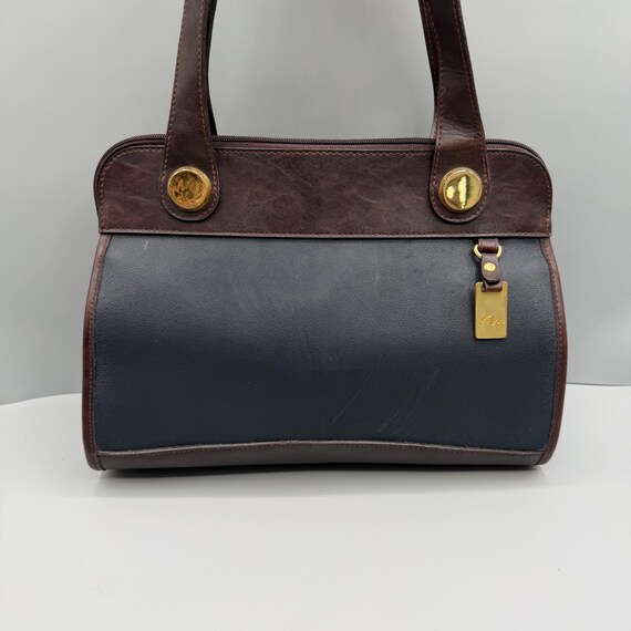 Vintage Marlo Satchel Bag | Brown and Navy Blue Handbag with Gold Tone Accents