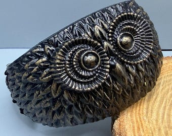 Vintage Black Owl Hinged Bangle Bracelet, Carved Feather Textured Statement Cuff