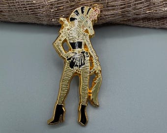 Vintage Gold Tone Stylized Woman Brooch – Enamel Art Deco Statement Pin