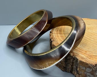 Vintage Horn Bangle Bracelets | Brown Natural Statement Jewelry | Set of 2