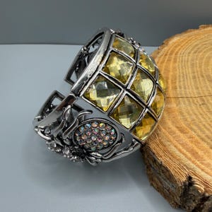 Vintage Spider Cuff Bracelet Rhinestone Gothic Halloween Jewelry Yellow Crystal Bangle