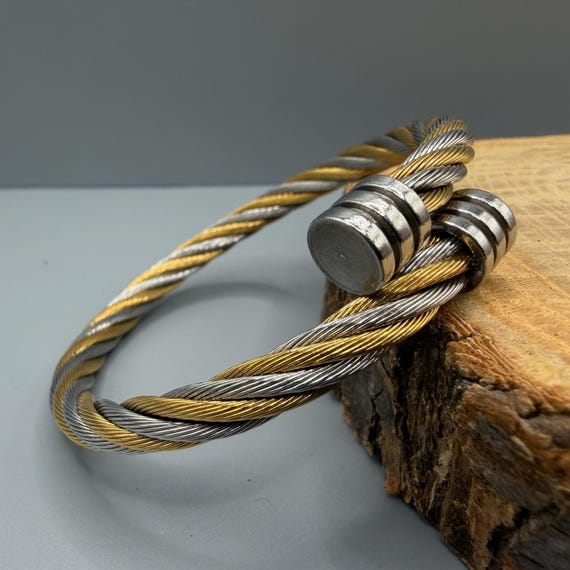 Two-Tone Twisted Cable Bangle, Adjustable Stainle… - image 1
